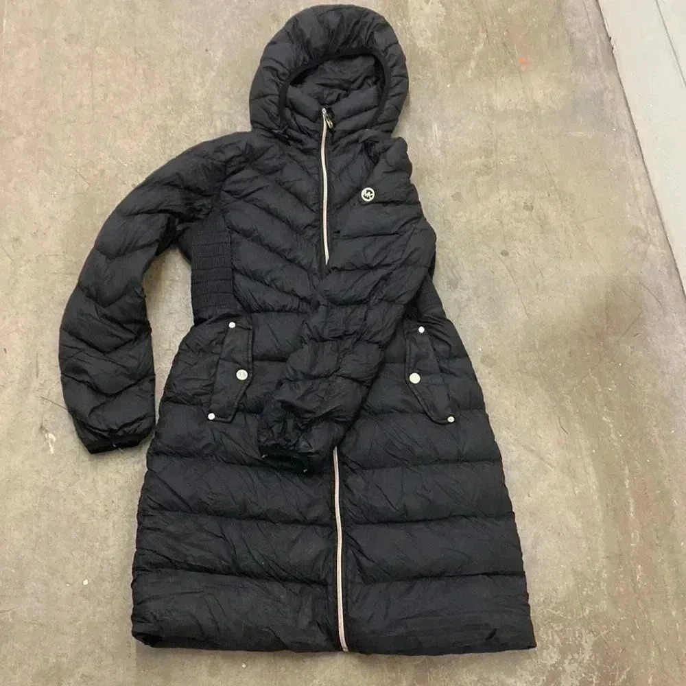 MICHAEL Michael Kors Long Black Quilted Hooded Puffer Coat